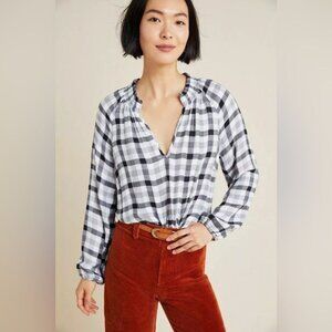 Cloth & Stone Anthropologie Blouse Top Size‎ S Plaid Sara Long Slv Black White